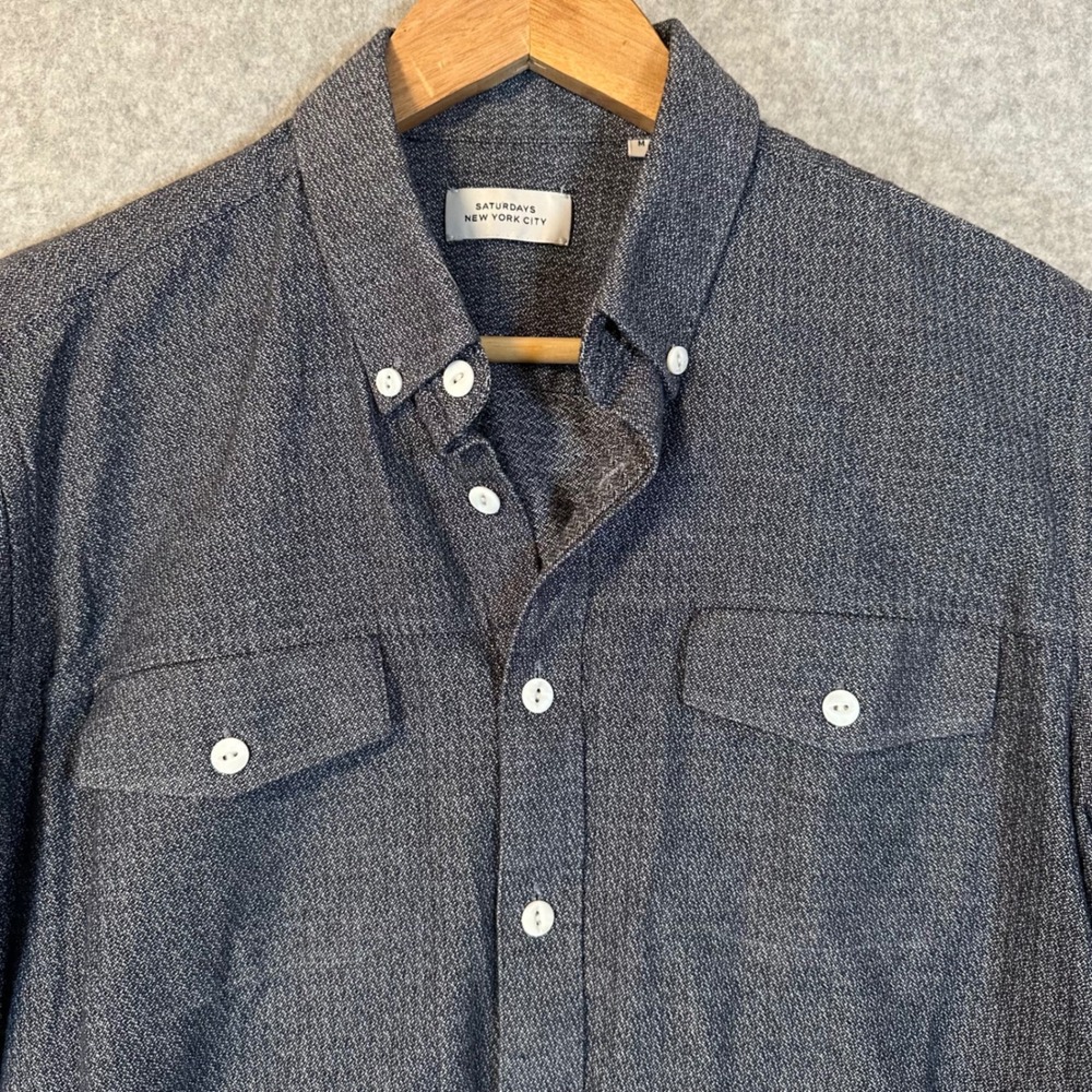 Saturdays NYC Button Down Shirt Men M Navy Blue Textured Long Sleeve Flap Pocket - Picture 2 of 8